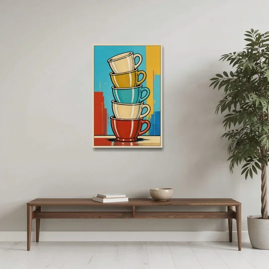 Fun Kitchen Wall Art Stacked Diner Mugs - Oak Framed Canvas Wall Art - Coffee Table - 24x36