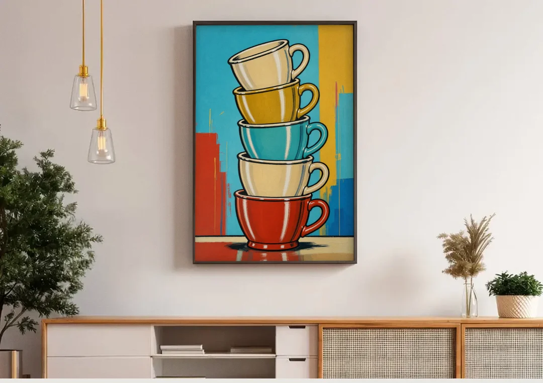 Fun Kitchen Wall Art Stacked Diner Mugs canvas wall art above a wooden sideboard under pendant lights