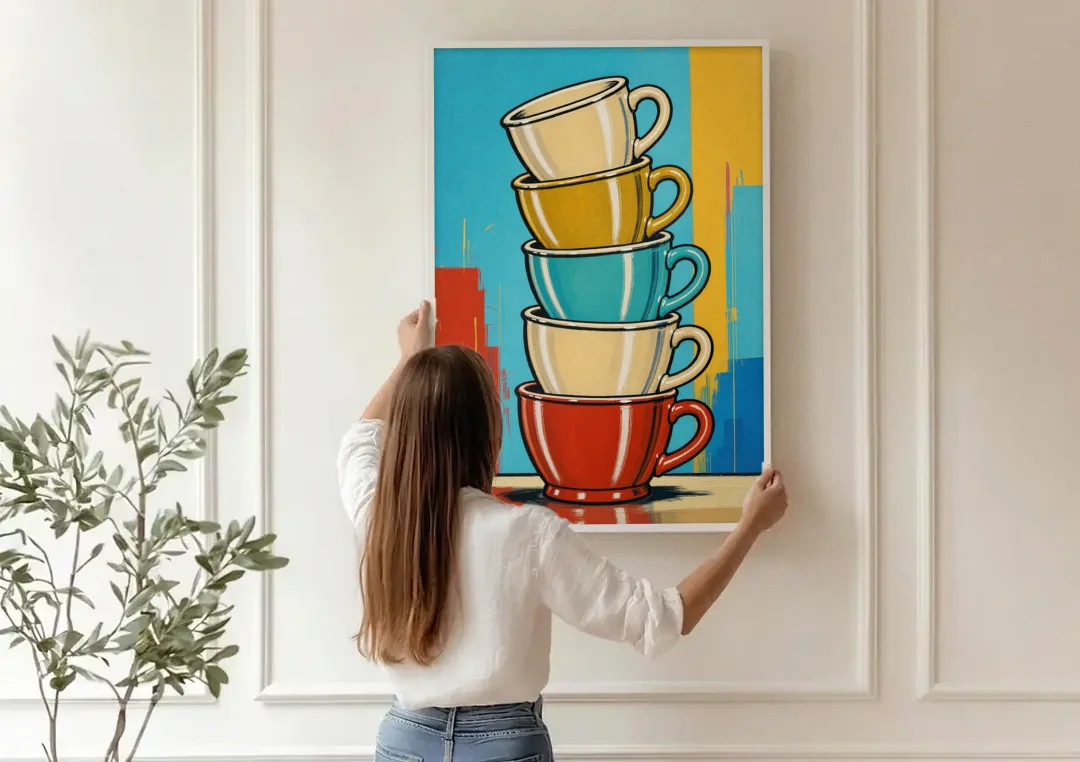 Fun Kitchen Wall Art Stacked Diner Mugs canvas wall art being hung on a paneled wall