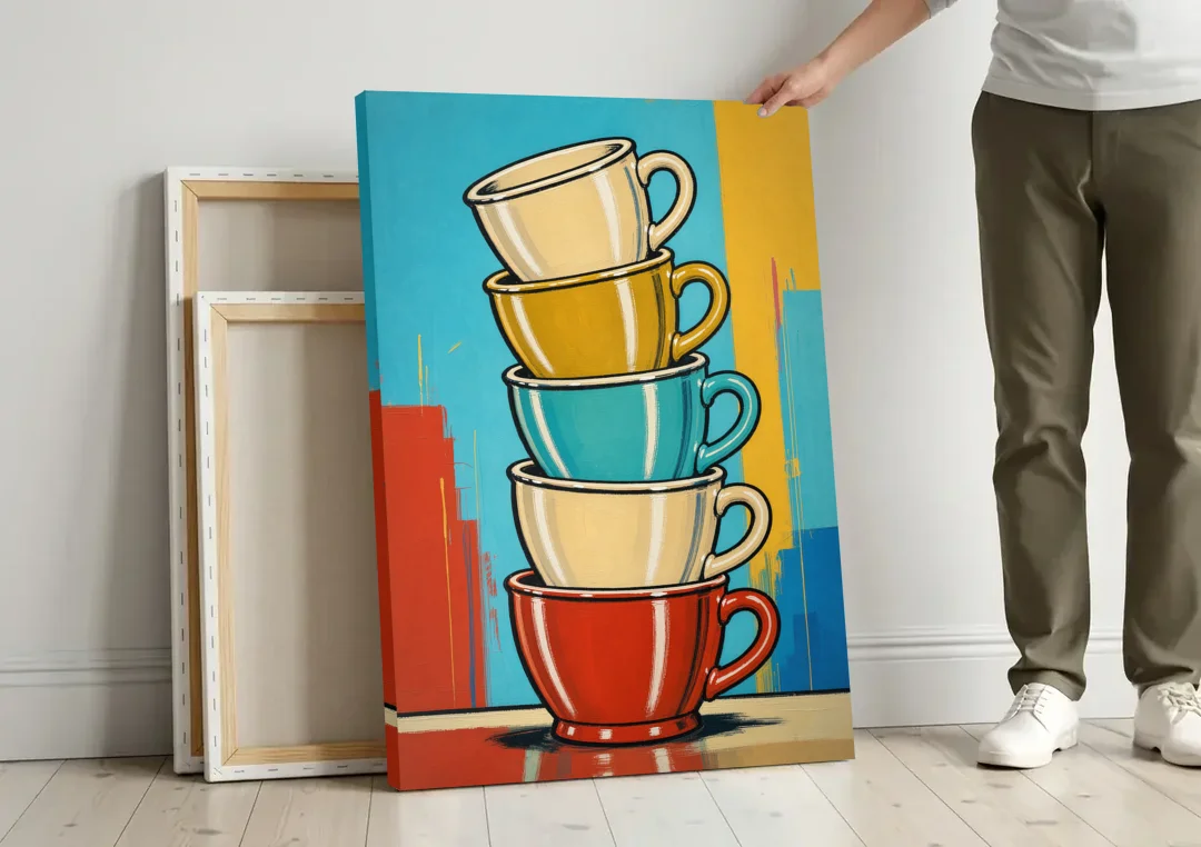 Fun Kitchen Wall Art Stacked Diner Mugs canvas wall art leaning against a wall next to blank canvases