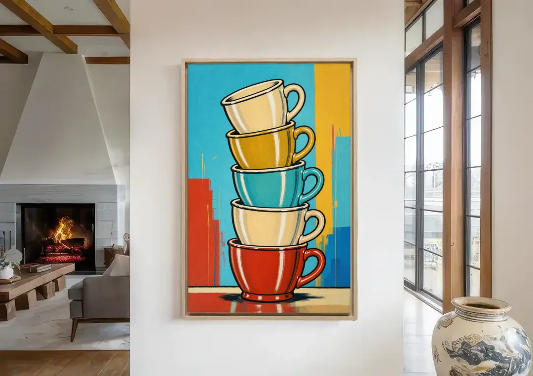 Fun Kitchen Wall Art Stacked Diner Mugs canvas wall art in a living room with a fireplace
