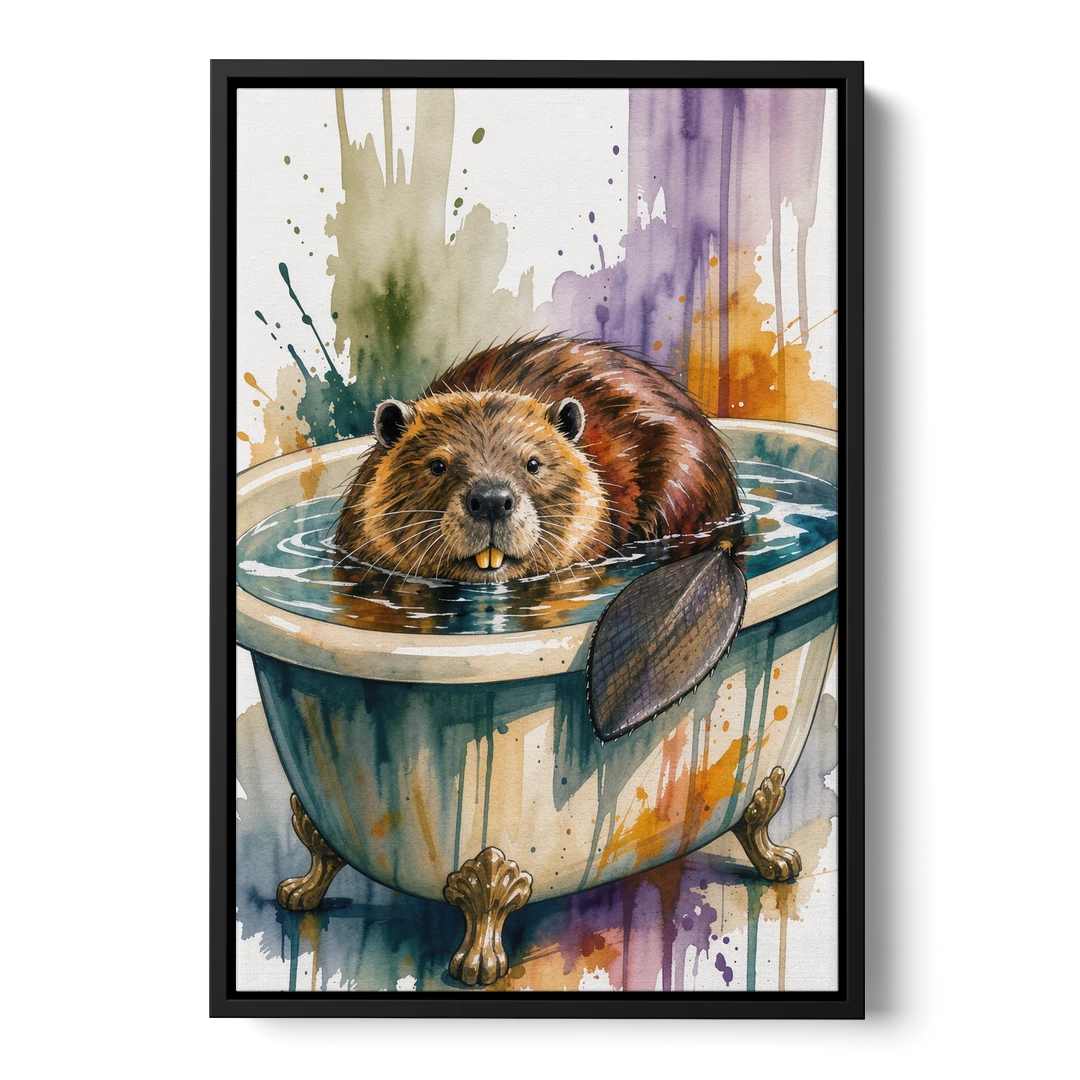 Funny Animal Bathroom Prints Beaver Tail on the Rim - Black Framed Canvas Wall Art - Front
