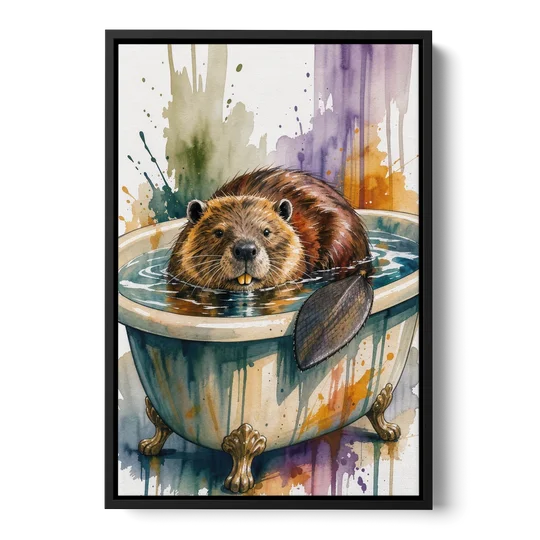 Funny Animal Bathroom Prints Beaver Tail on the Rim - Black Framed Canvas Wall Art - Front