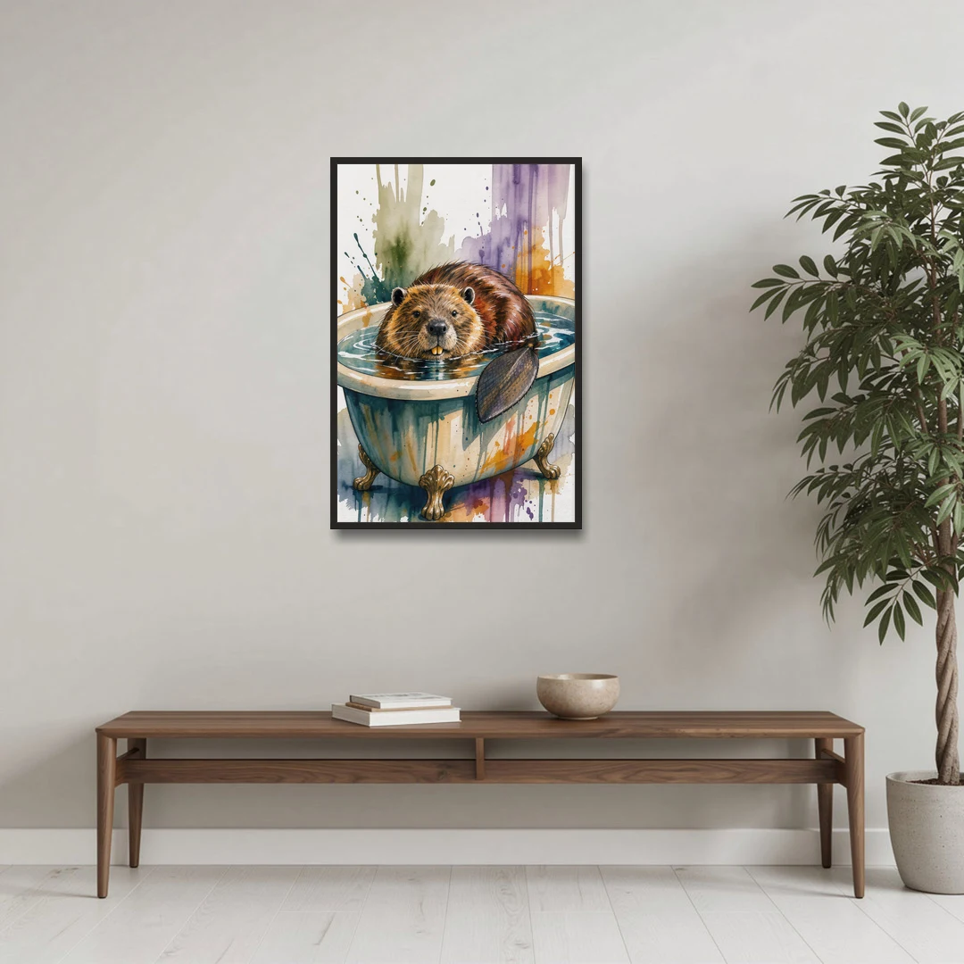 Funny Animal Bathroom Prints Beaver Tail on the Rim - Black Framed Canvas Wall Art - Coffee Table - 24x36