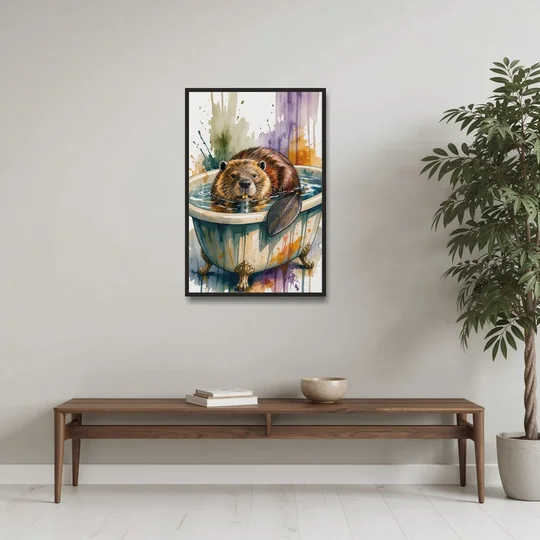 Funny Animal Bathroom Prints Beaver Tail on the Rim - Black Framed Canvas Wall Art - Coffee Table - 24x36