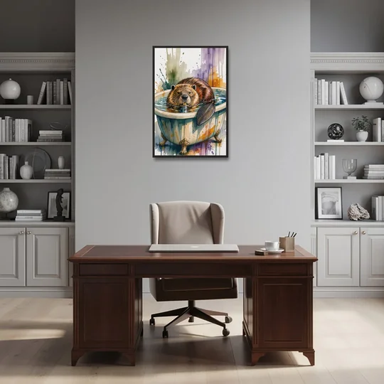Funny Animal Bathroom Prints Beaver Tail on the Rim - Black Framed Canvas Wall Art - Office - 24x36