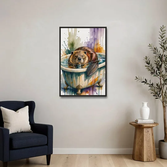 Funny Animal Bathroom Prints Beaver Tail on the Rim - Black Framed Canvas Wall Art - Sofa - 24x36