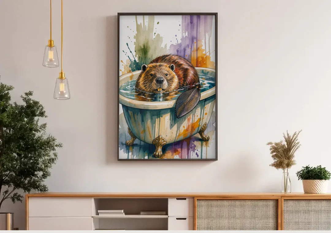 Funny Animal Bathroom Prints Beaver Tail on the Rim canvas wall art above a wooden sideboard under pendant lights