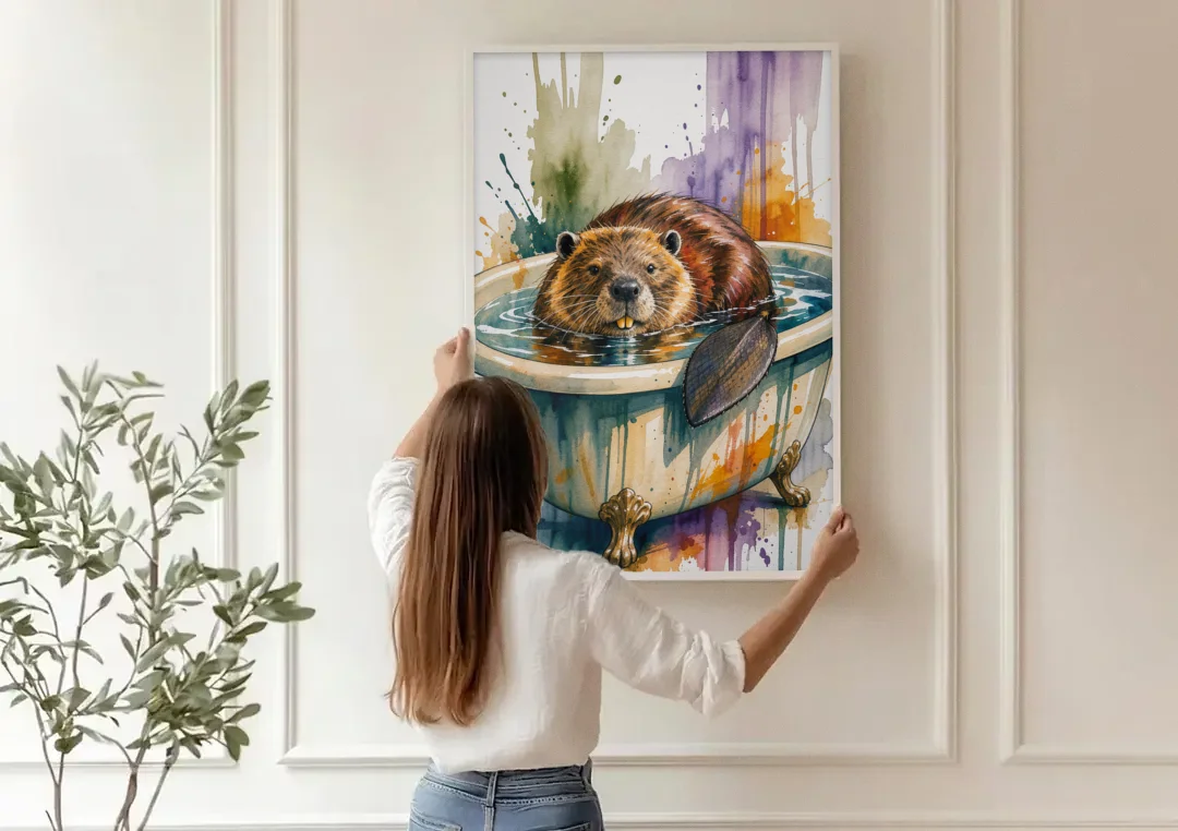 Funny Animal Bathroom Prints Beaver Tail on the Rim canvas wall art being hung on a paneled wall