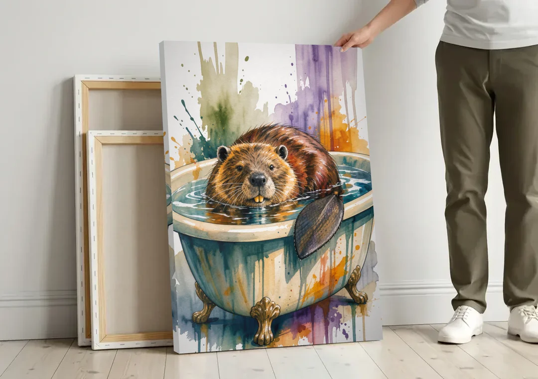 Funny Animal Bathroom Prints Beaver Tail on the Rim canvas wall art leaning against a wall next to blank canvases