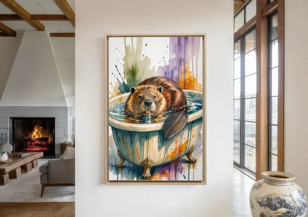 Funny Animal Bathroom Prints Beaver Tail on the Rim canvas wall art in a living room with a fireplace