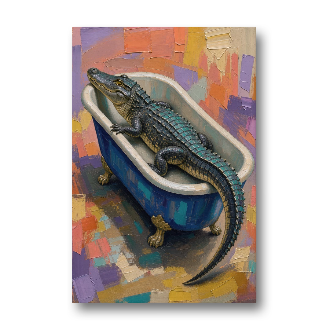 Funny Animal Bathroom Wall Art Alligator Outgrows the Tub - Canvas Wall Art - Front