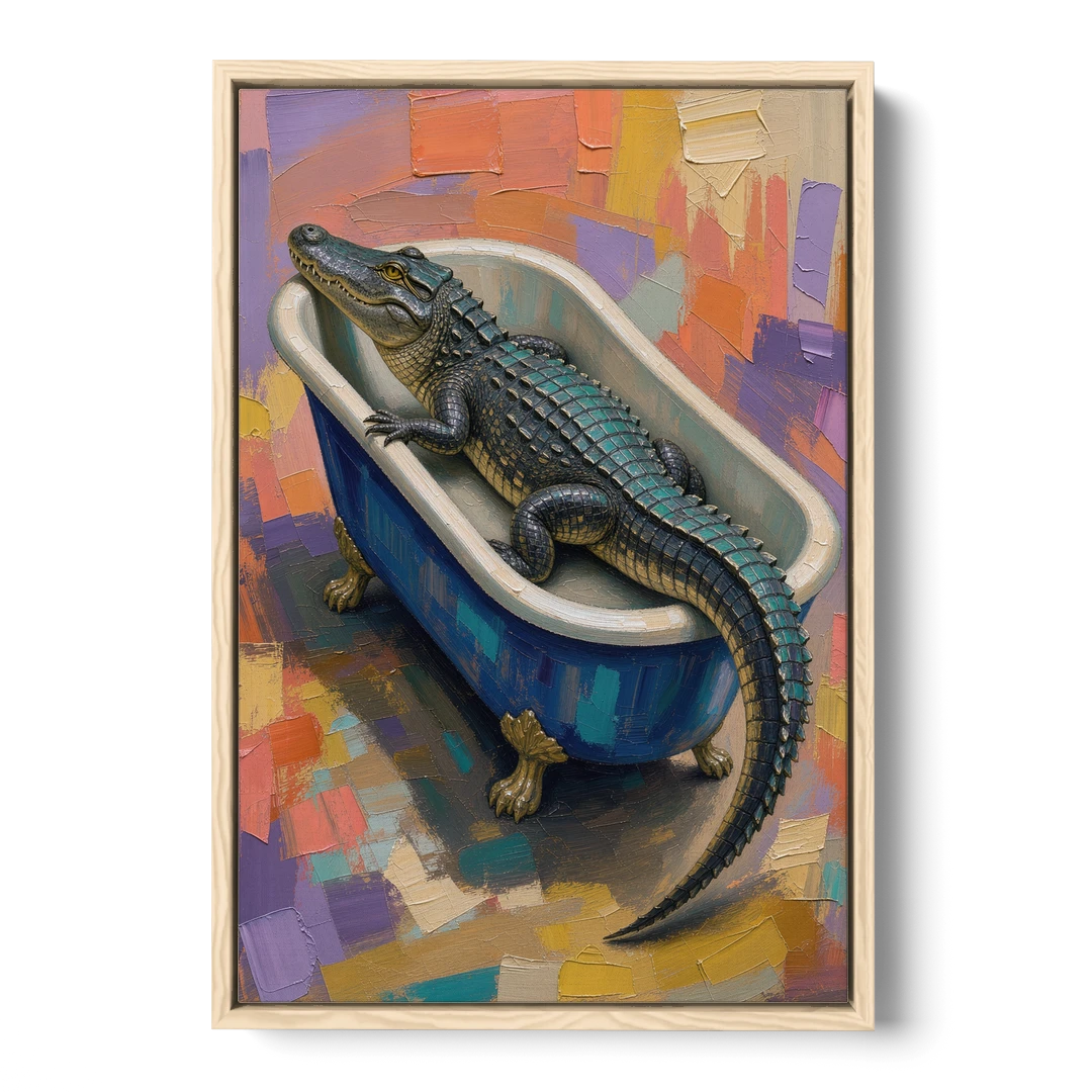 Funny Animal Bathroom Wall Art Alligator Outgrows the Tub - Oak Framed Canvas Wall Art - Front