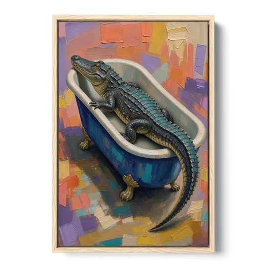 Funny Animal Bathroom Wall Art Alligator Outgrows the Tub - Oak Framed Canvas Wall Art - Front