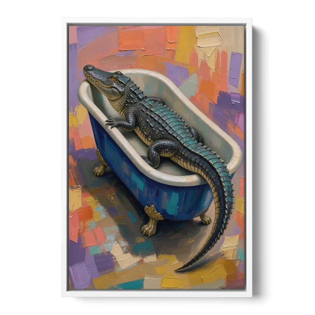 Funny Animal Bathroom Wall Art Alligator Outgrows the Tub - White Framed Canvas Wall Art - Front