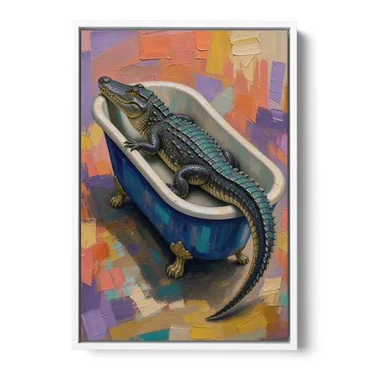 Funny Animal Bathroom Wall Art Alligator Outgrows the Tub - White Framed Canvas Wall Art - Front