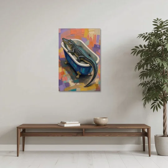 Funny Animal Bathroom Wall Art Alligator Outgrows the Tub - Canvas Wall Art - Coffee Table - 24x36