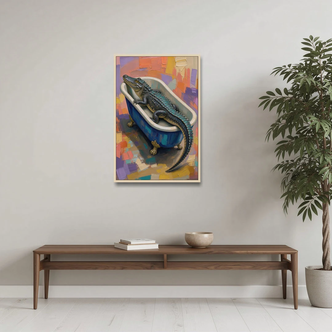 Funny Animal Bathroom Wall Art Alligator Outgrows the Tub - Oak Framed Canvas Wall Art - Coffee Table - 24x36