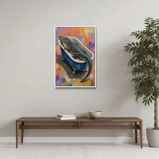 Funny Animal Bathroom Wall Art Alligator Outgrows the Tub - White Framed Canvas Wall Art - Coffee Table - 24x36