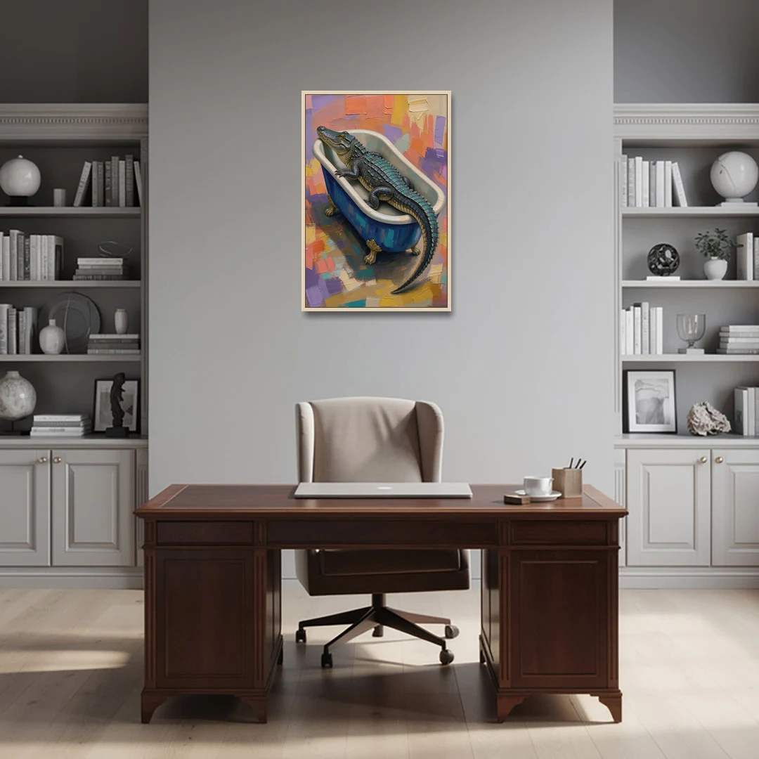 Funny Animal Bathroom Wall Art Alligator Outgrows the Tub - Oak Framed Canvas Wall Art - Office - 24x36