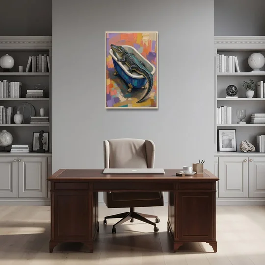 Funny Animal Bathroom Wall Art Alligator Outgrows the Tub - Oak Framed Canvas Wall Art - Office - 24x36