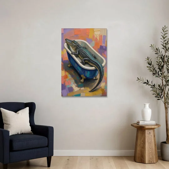 Funny Animal Bathroom Wall Art Alligator Outgrows the Tub - Canvas Wall Art - Sofa - 24x36
