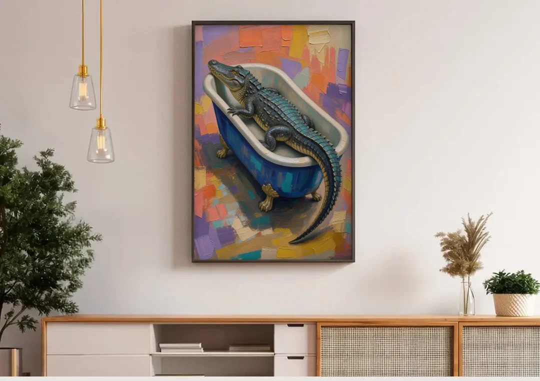 Funny Animal Bathroom Wall Art Alligator Outgrows the Tub canvas wall art above a wooden sideboard under pendant lights