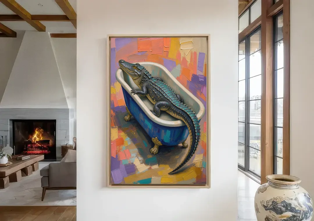 Funny Animal Bathroom Wall Art Alligator Outgrows the Tub canvas wall art in a living room with a fireplace