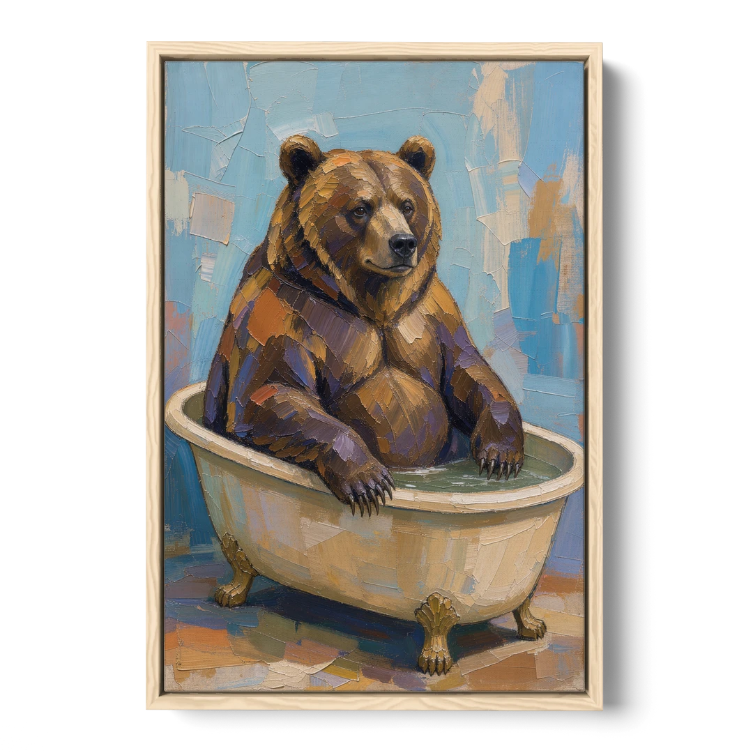 Funny Animal Canvas Art of a Bathing Bear - Oak Framed Canvas Wall Art - Front