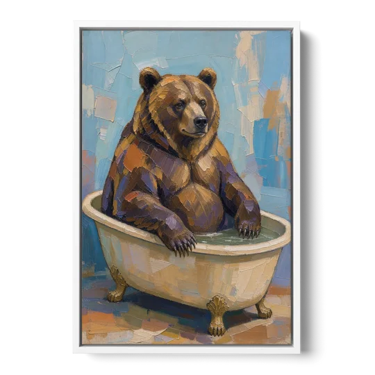 Funny Animal Canvas Art of a Bathing Bear - White Framed Canvas Wall Art - Front