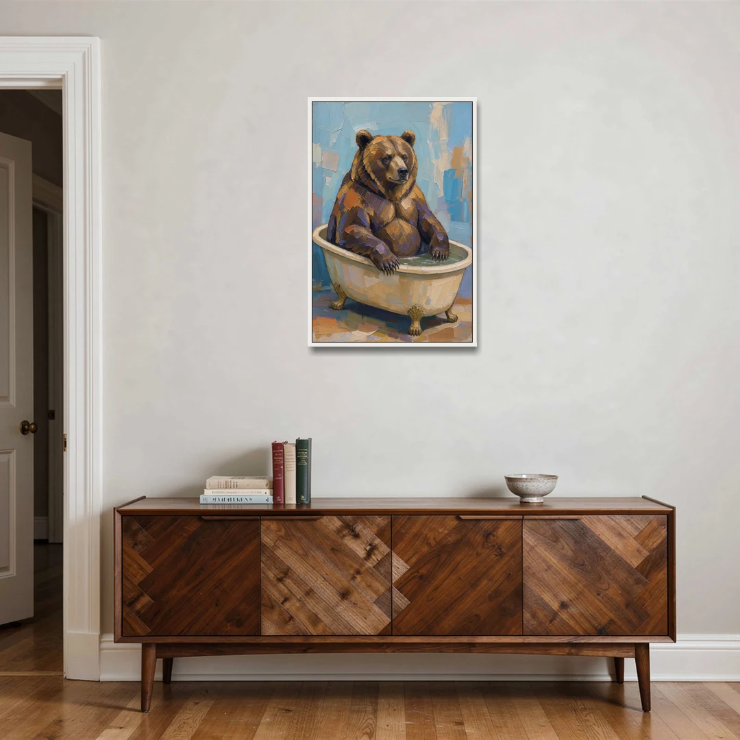 Funny Animal Canvas Art of a Bathing Bear - White Framed Canvas Wall Art - Coffee Table - 24x36
