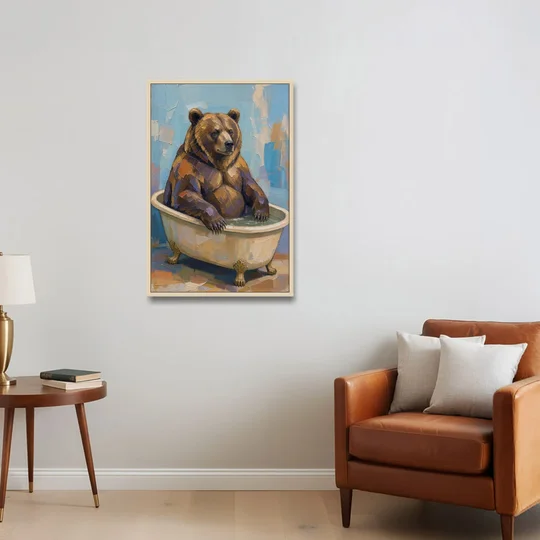 Funny Animal Canvas Art of a Bathing Bear - Oak Framed Canvas Wall Art - Sofa - 24x36