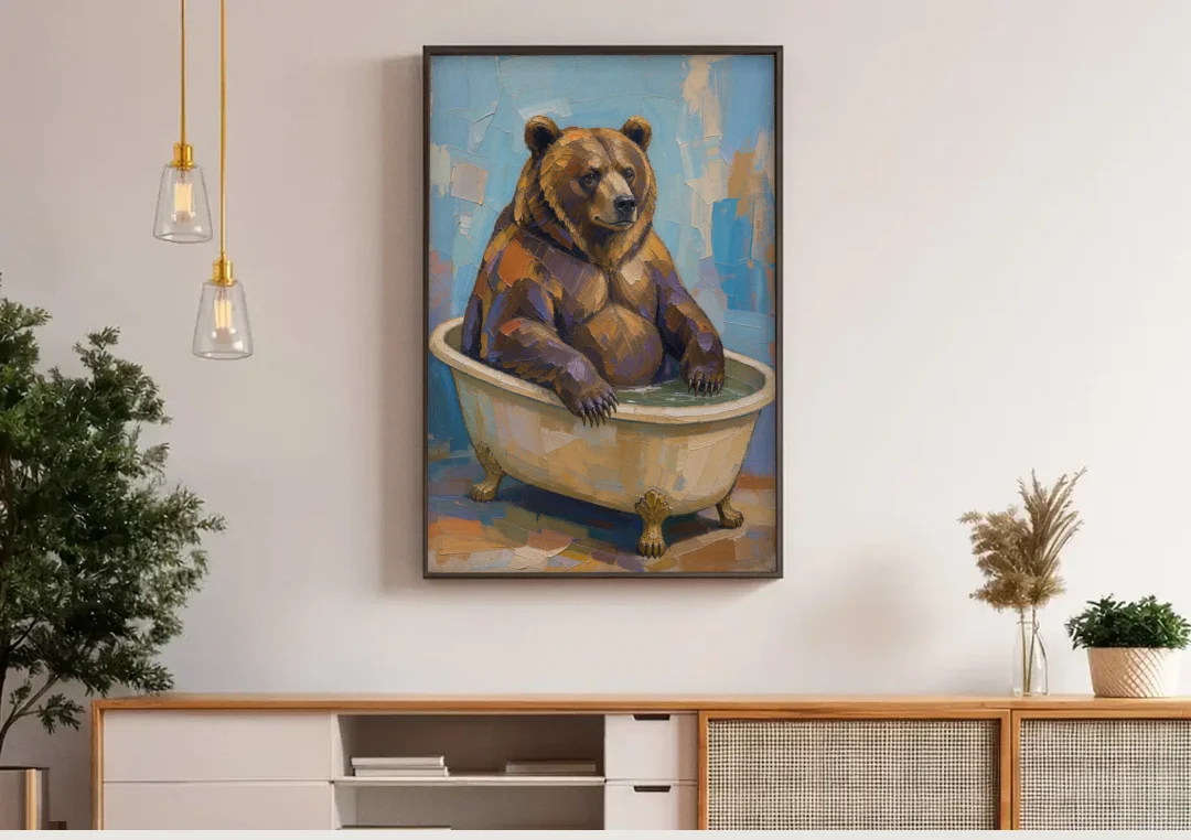 Funny Animal Canvas Art of a Bathing Bear canvas wall art above a wooden sideboard under pendant lights