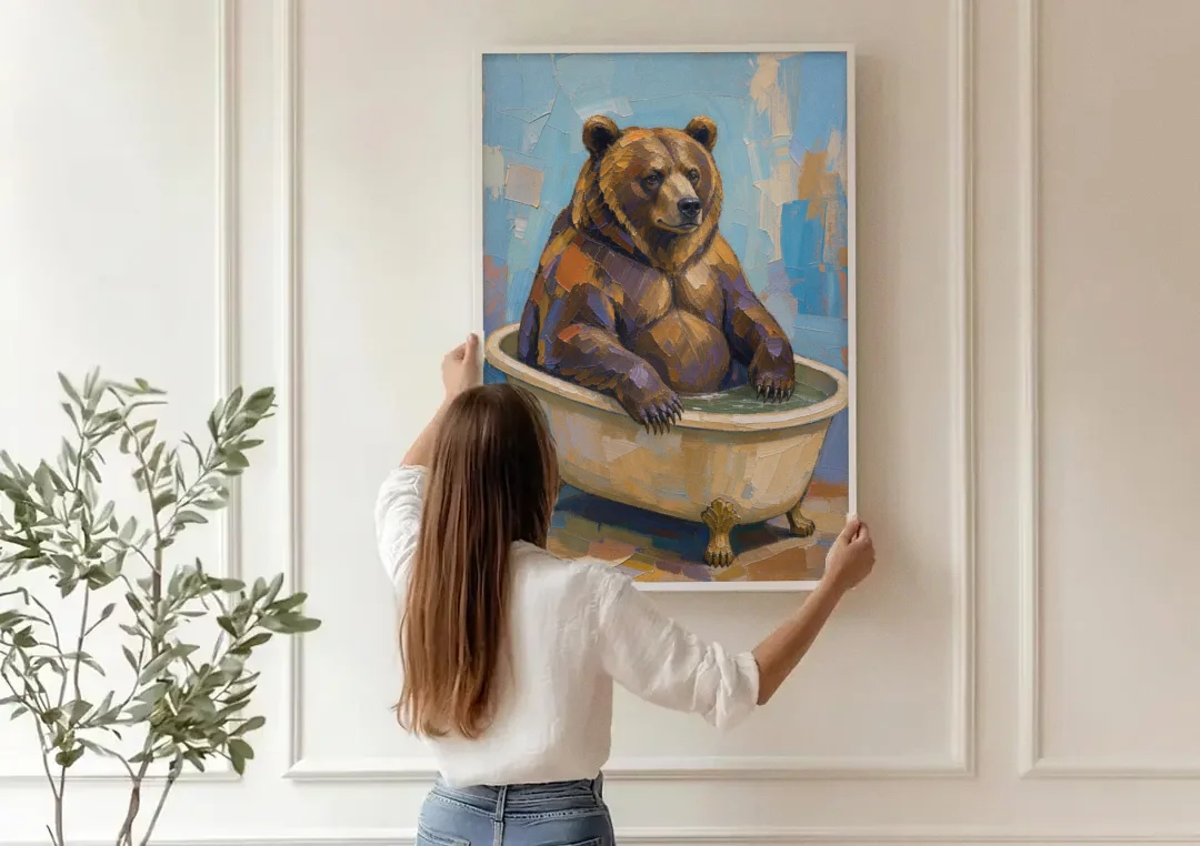 Funny Animal Canvas Art of a Bathing Bear canvas wall art being hung on a paneled wall