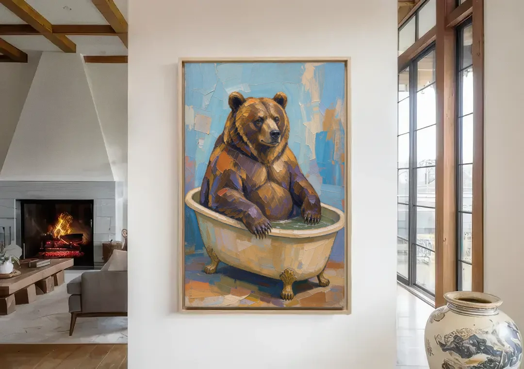 Funny Animal Canvas Art of a Bathing Bear canvas wall art in a living room with a fireplace