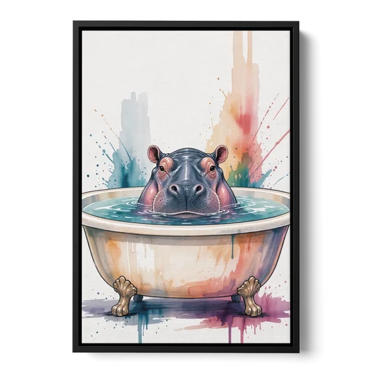 Funny Animal Paintings Hippo Up to Its Nose - Black Framed Canvas Wall Art - Front
