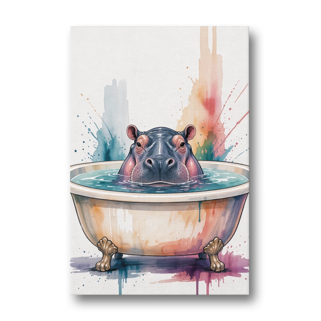 Funny Animal Paintings Hippo Up to Its Nose - Canvas Wall Art - Front