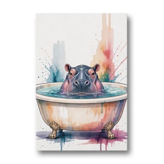 Funny Animal Paintings Hippo Up to Its Nose - Canvas Wall Art - Front