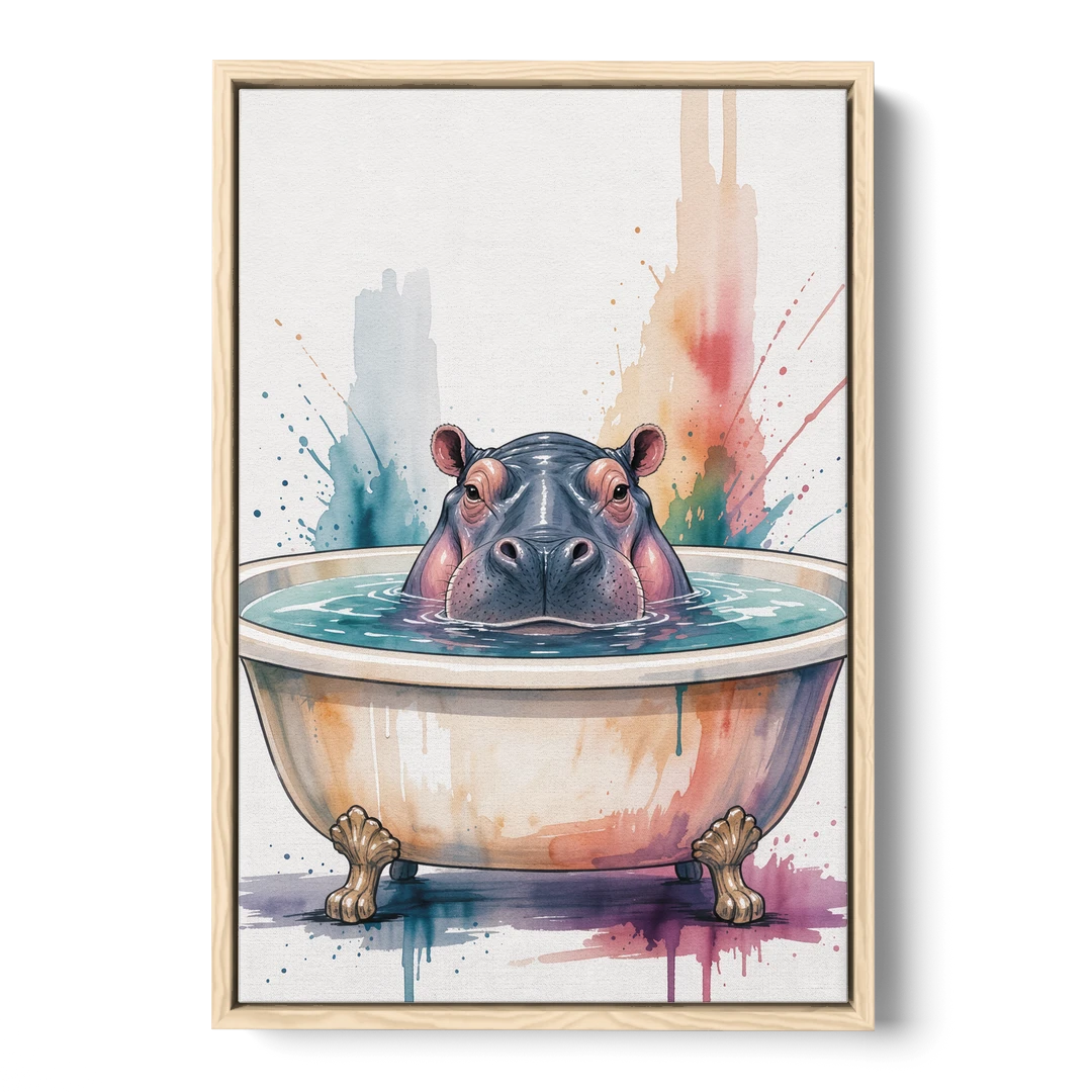 Funny Animal Paintings Hippo Up to Its Nose - Oak Framed Canvas Wall Art - Front