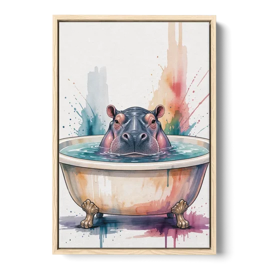 Funny Animal Paintings Hippo Up to Its Nose - Oak Framed Canvas Wall Art - Front