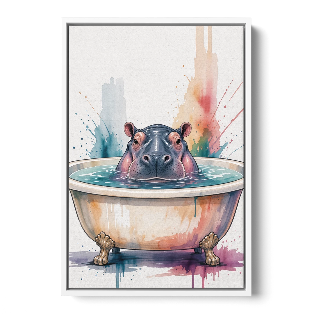 Funny Animal Paintings Hippo Up to Its Nose - White Framed Canvas Wall Art - Front