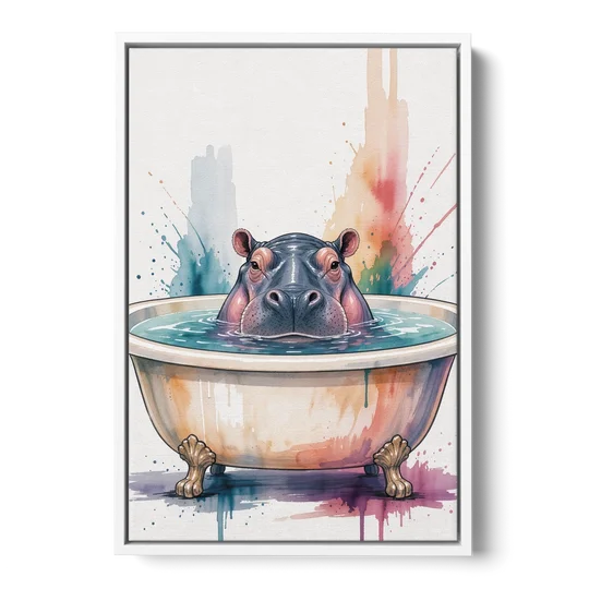 Funny Animal Paintings Hippo Up to Its Nose - White Framed Canvas Wall Art - Front