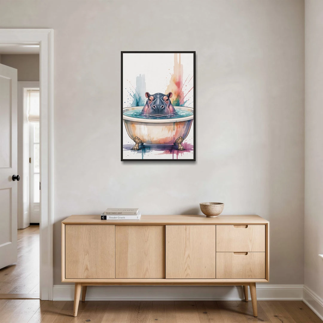Funny Animal Paintings Hippo Up to Its Nose - Black Framed Canvas Wall Art - Coffee Table - 24x36