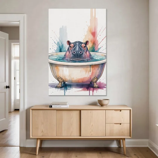 Funny Animal Paintings Hippo Up to Its Nose - Canvas Wall Art - Coffee Table - 40x60