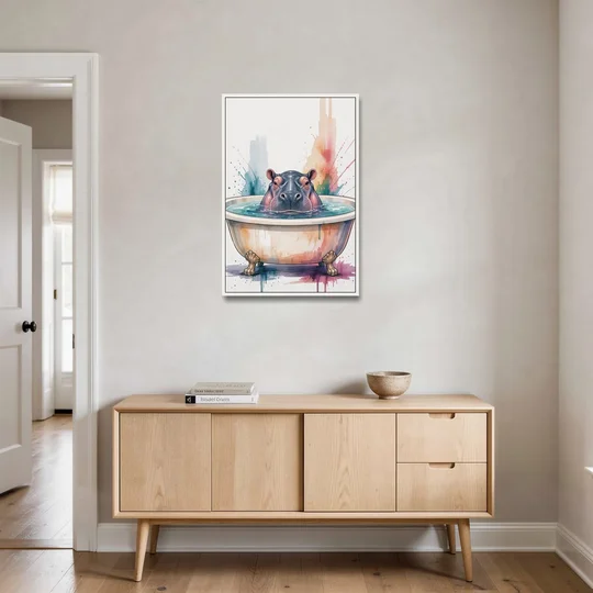 Funny Animal Paintings Hippo Up to Its Nose - White Framed Canvas Wall Art - Coffee Table - 24x36