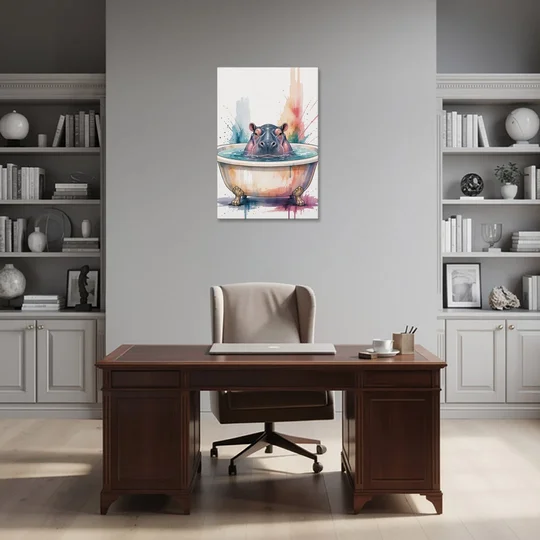 Funny Animal Paintings Hippo Up to Its Nose - Canvas Wall Art - Office - 24x36