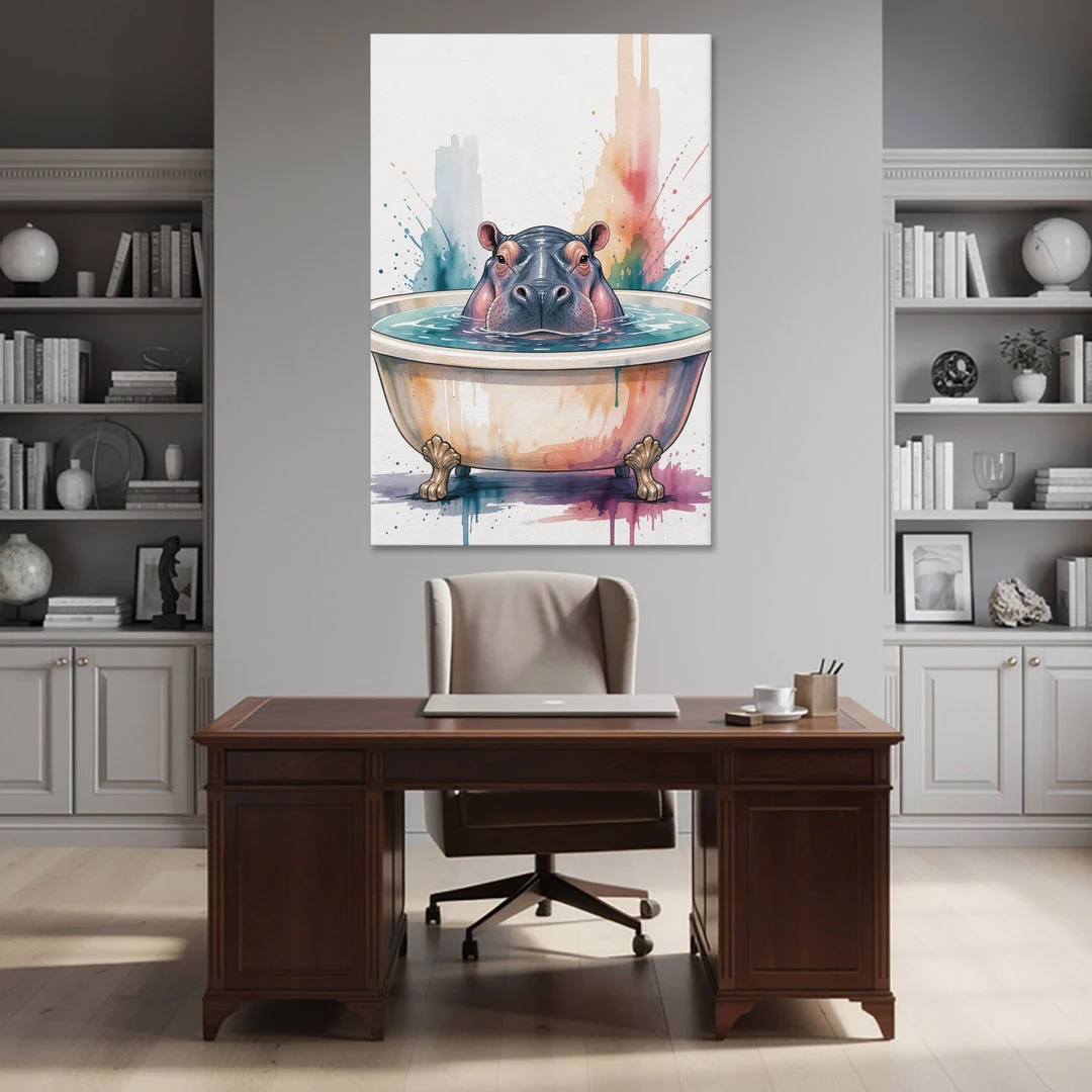 Funny Animal Paintings Hippo Up to Its Nose - Canvas Wall Art - Office - 40x60