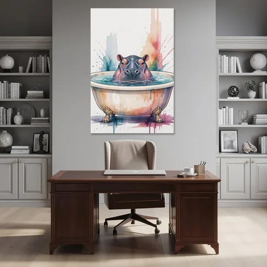 Funny Animal Paintings Hippo Up to Its Nose - Canvas Wall Art - Office - 40x60