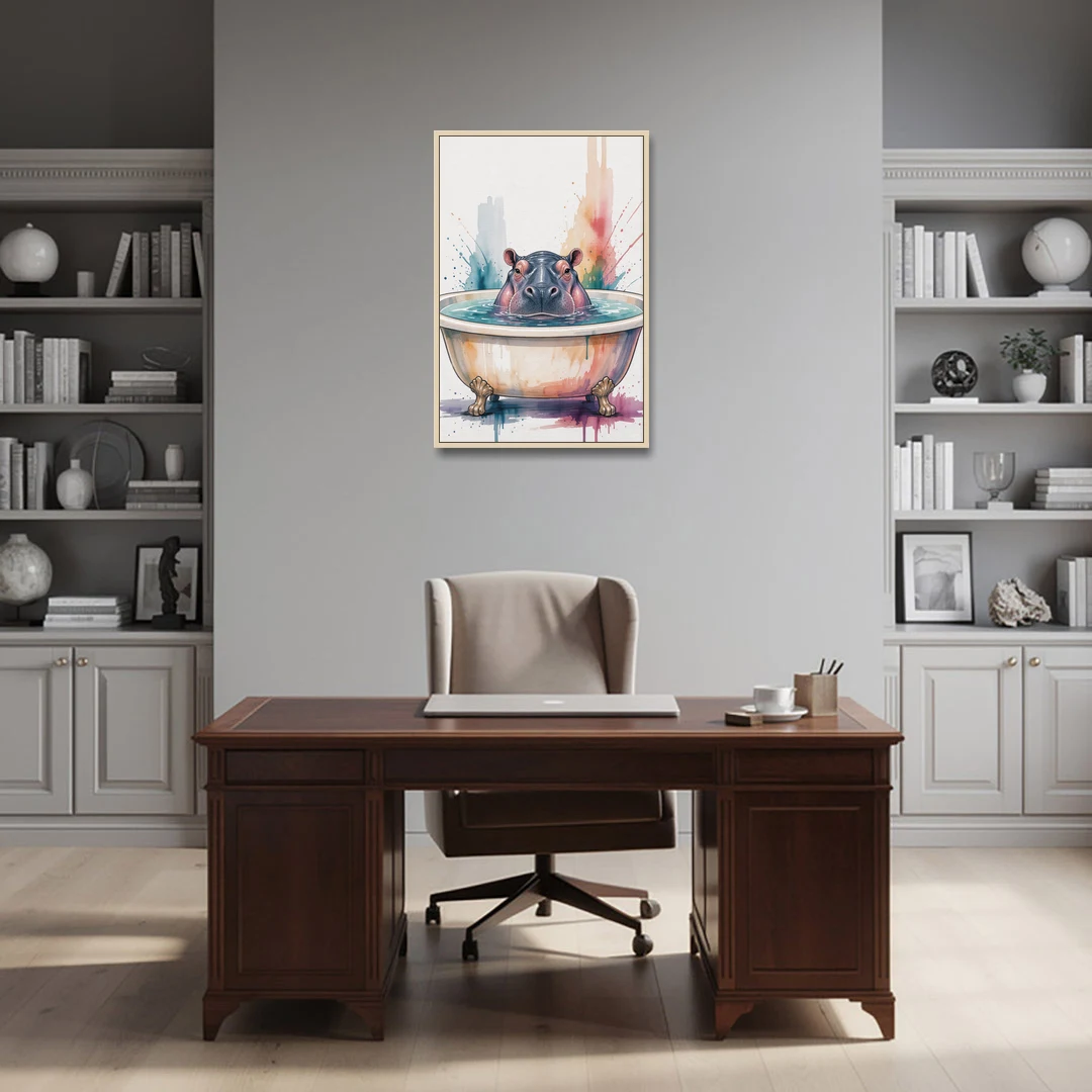 Funny Animal Paintings Hippo Up to Its Nose - Oak Framed Canvas Wall Art - Office - 24x36