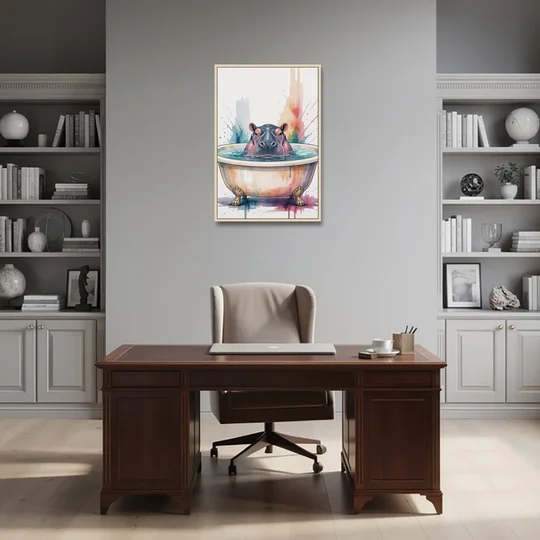 Funny Animal Paintings Hippo Up to Its Nose - Oak Framed Canvas Wall Art - Office - 24x36